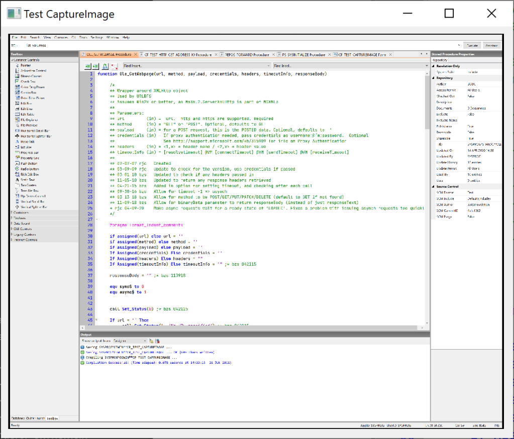 Shows a captured image of the OpenInsight IDE in a Bitmap control.