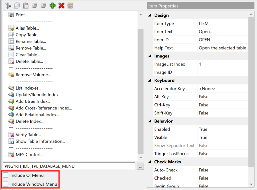 Shows the Content Menu designer with the  "Include OI Menu" and "Include Windows Menu" check-boxes highlighted.