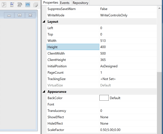 Image of form with a saved Height property of 400