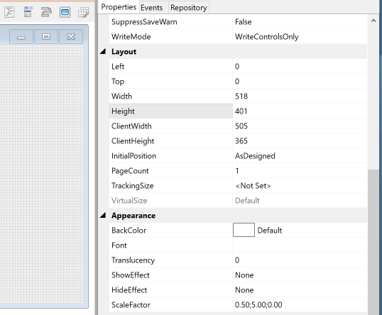 Image of reopened form with a Height property of 401