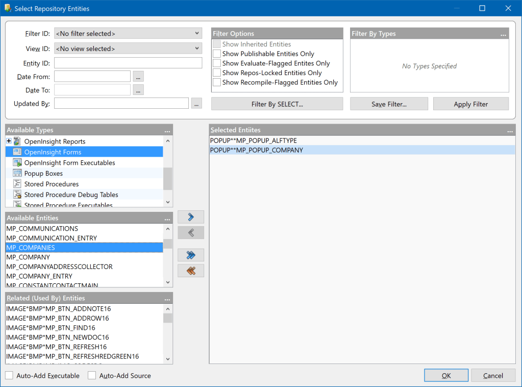 Selecting Entities in the dialog