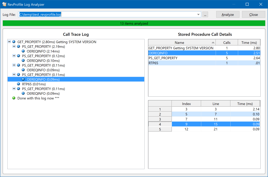 An image of the RevProfile Log Analyzer form (RTI_IDE_ANALYZE_PROFILELOG).